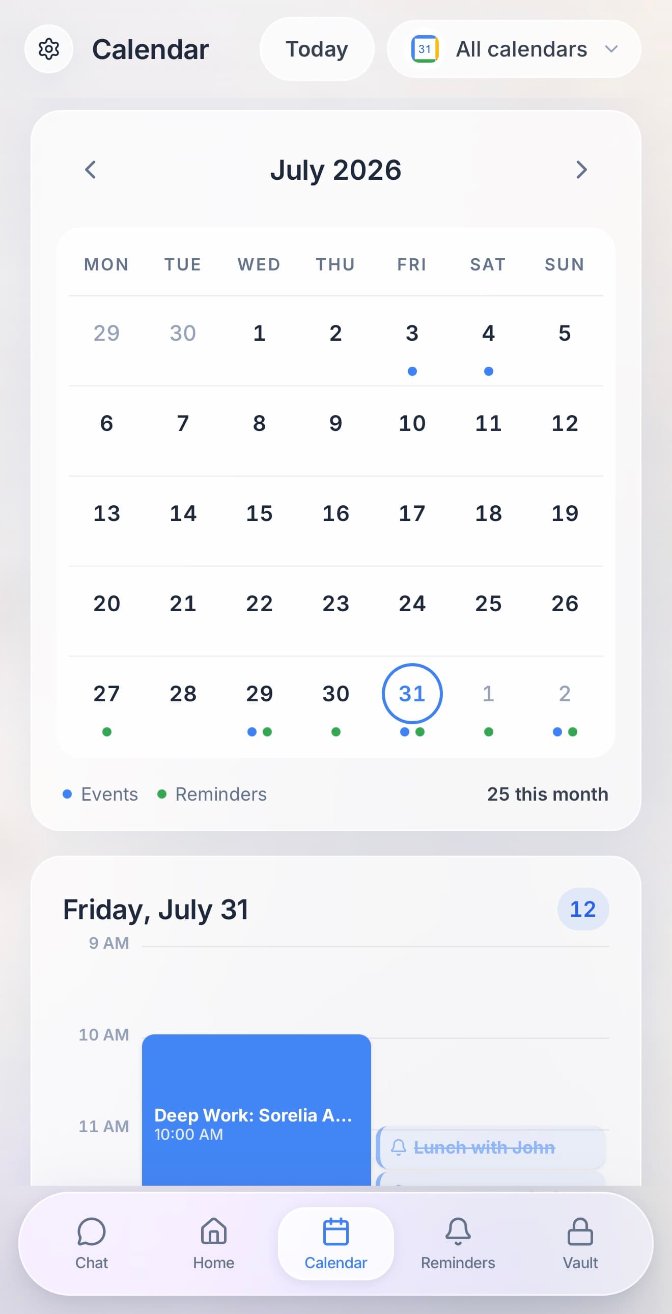 Sorelia's calendar screen, showing the month grid above the day's schedule