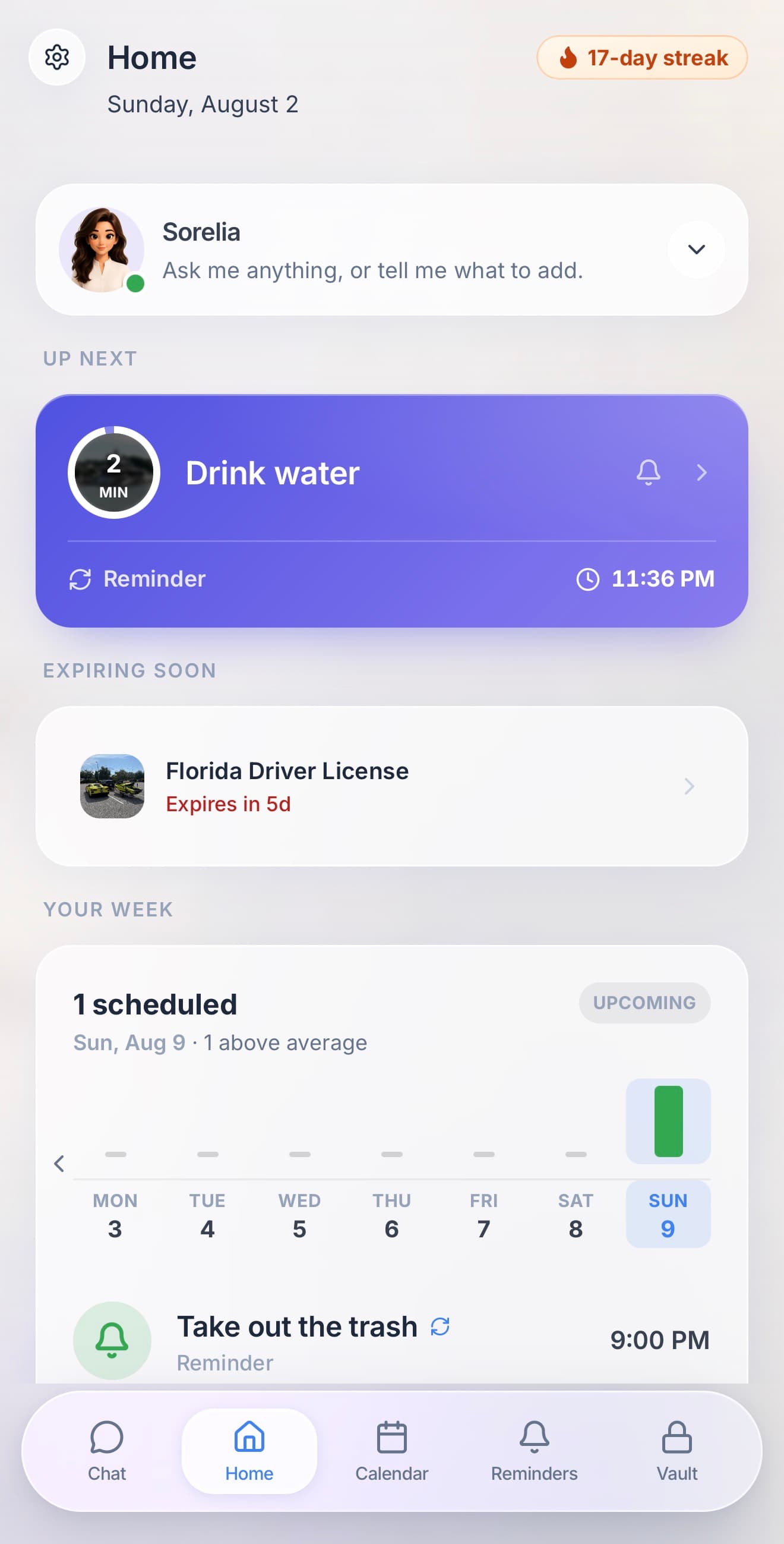 Sorelia's home screen, showing the next reminder, a document about to expire, and the week ahead